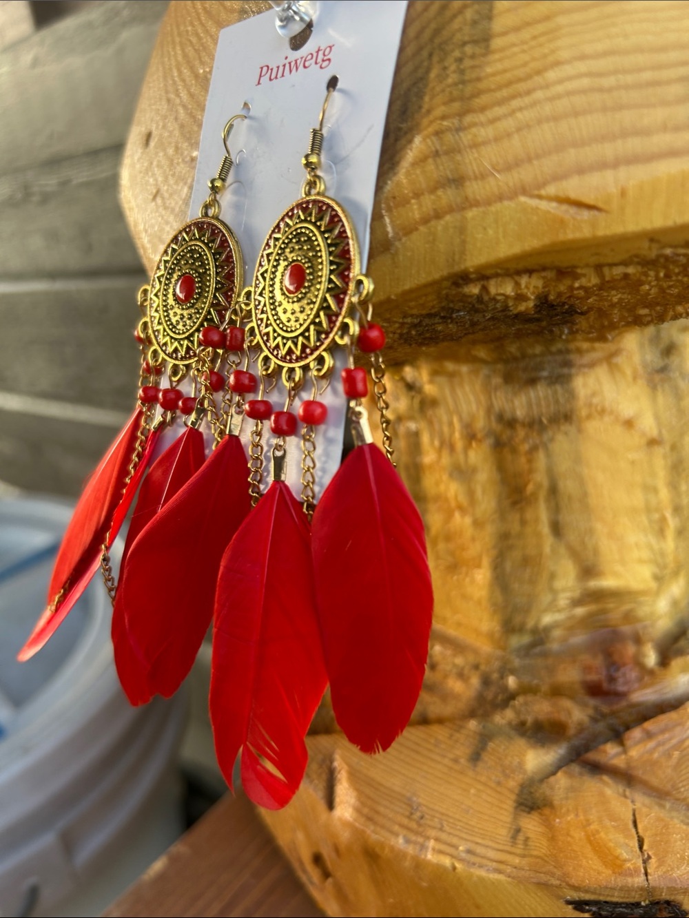 Red Feather Drop Earrings with Gold Medallions - Picture 4 of 8